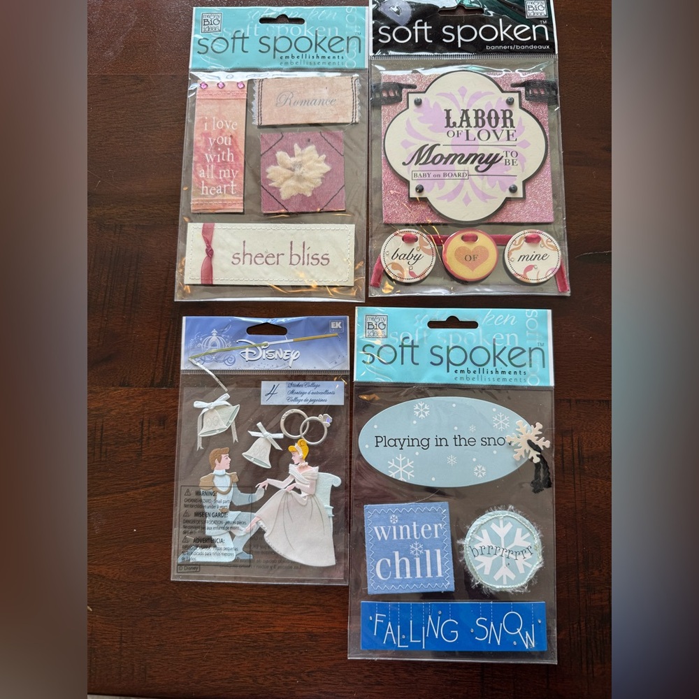 NEW Lot of 4 Scrapbook Embellishment Packs Soft Spoken & Disney Cinderella – New